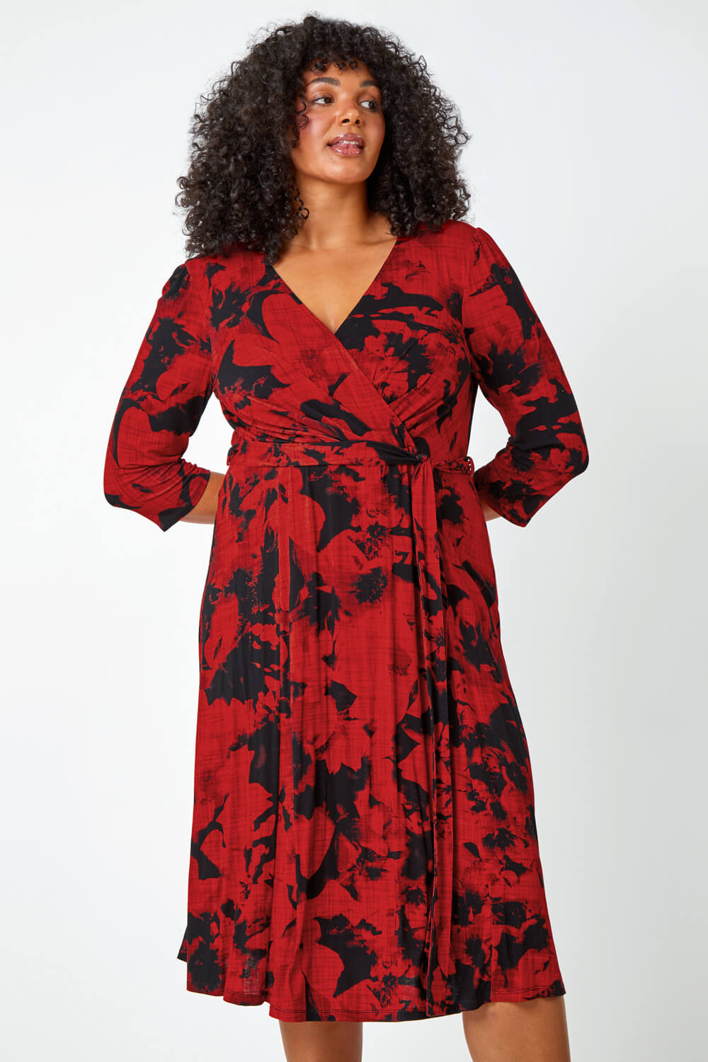 Red Curve Floral Wrap Stretch Midi Dress, Image 2 of 5