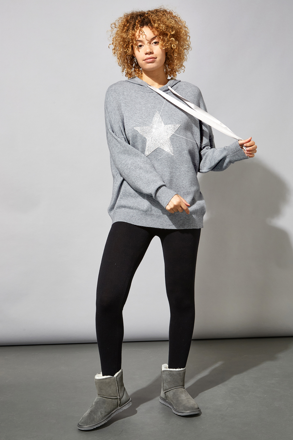 Grey Star Embellished Knitted Hoodie, Image 2 of 4