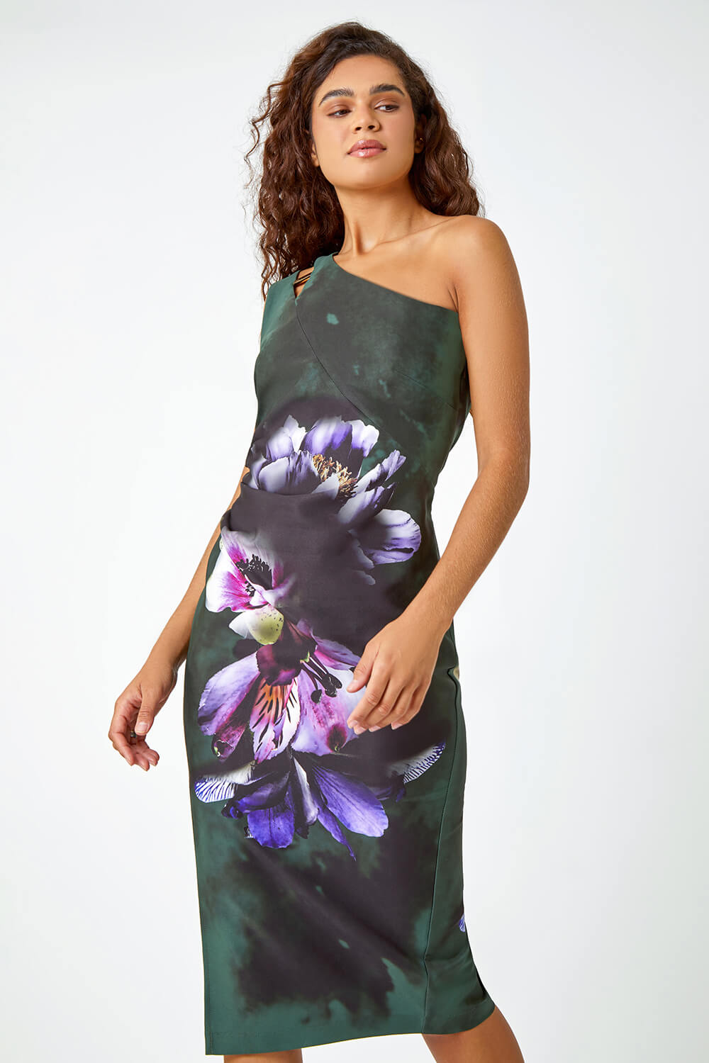 Dark Green Floral Print One Shoulder Stretch Dress, Image 2 of 5