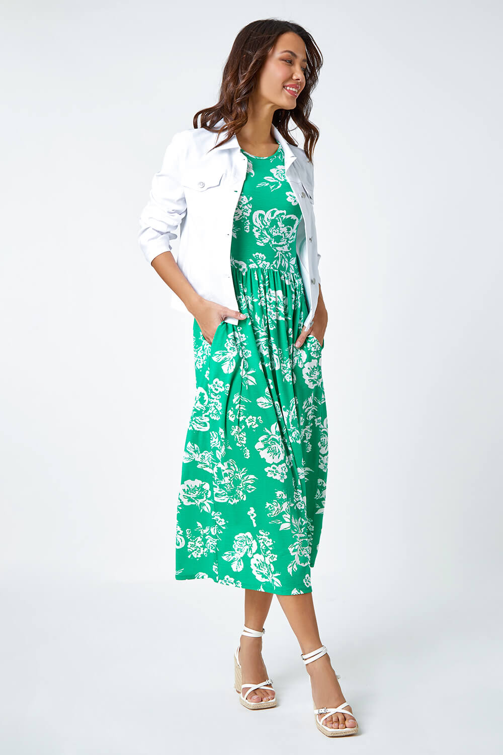 Green Floral Print Midi Stretch Dress, Image 2 of 5