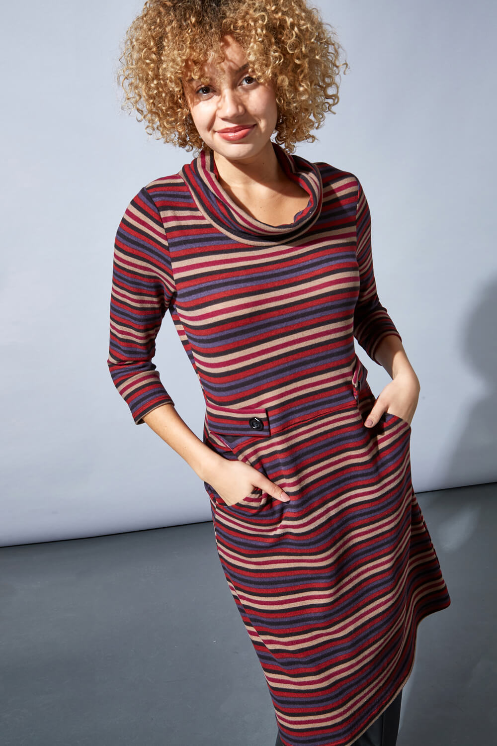 Rust Stripe Cowl Neck Button Detail Dress, Image 4 of 4