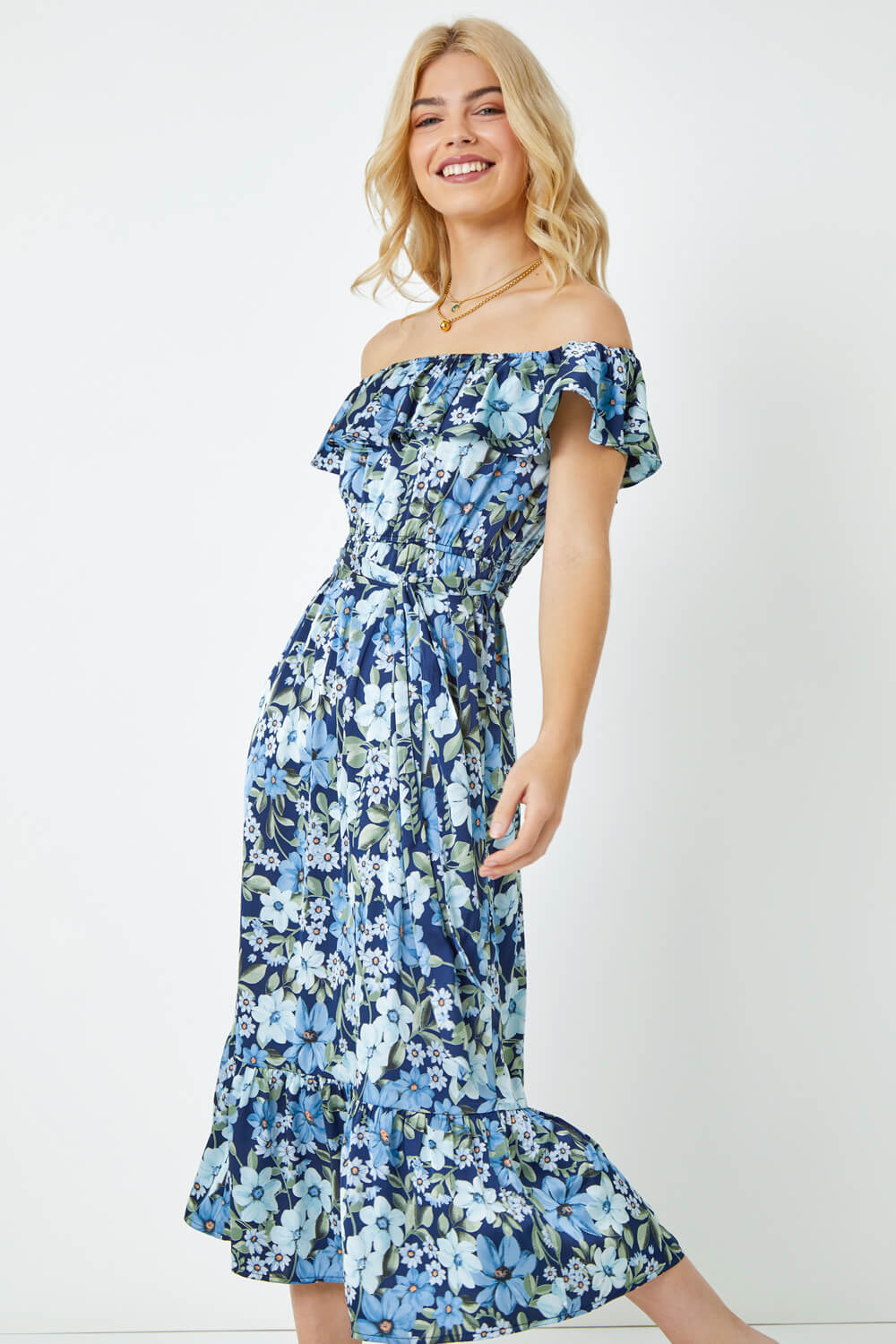 Blue Ditsy Floral Bardot Midi Dress, Image 2 of 5