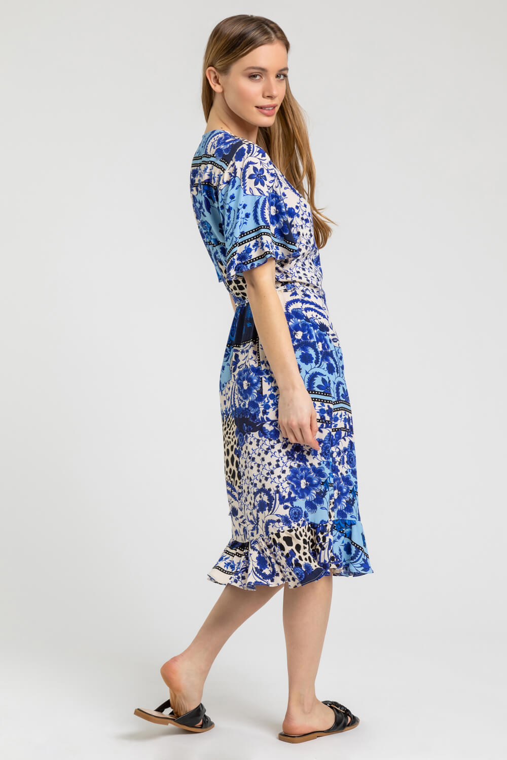 Blue Petite Floral Contrast Print Wrap Dress, Image 2 of 5