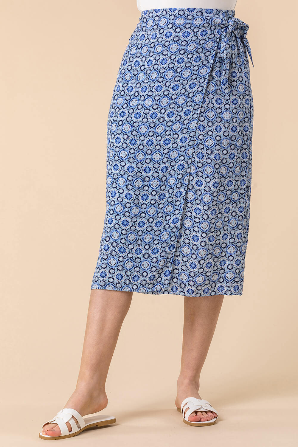 Geo Print Tie Detail Wrap Skirt in Blue - Roman Originals UK