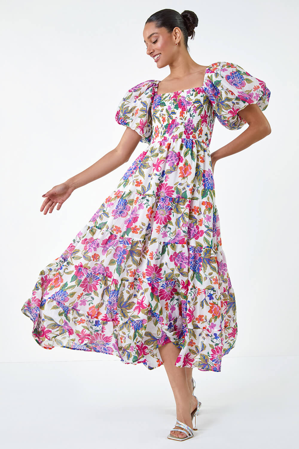 PINK Floral Tiered Puff Sleeve Midi Dress, Image 2 of 5