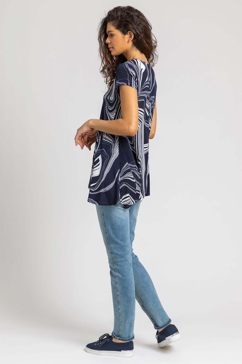 Navy  Abstract Linear Print Stretch Top, Image 2 of 4