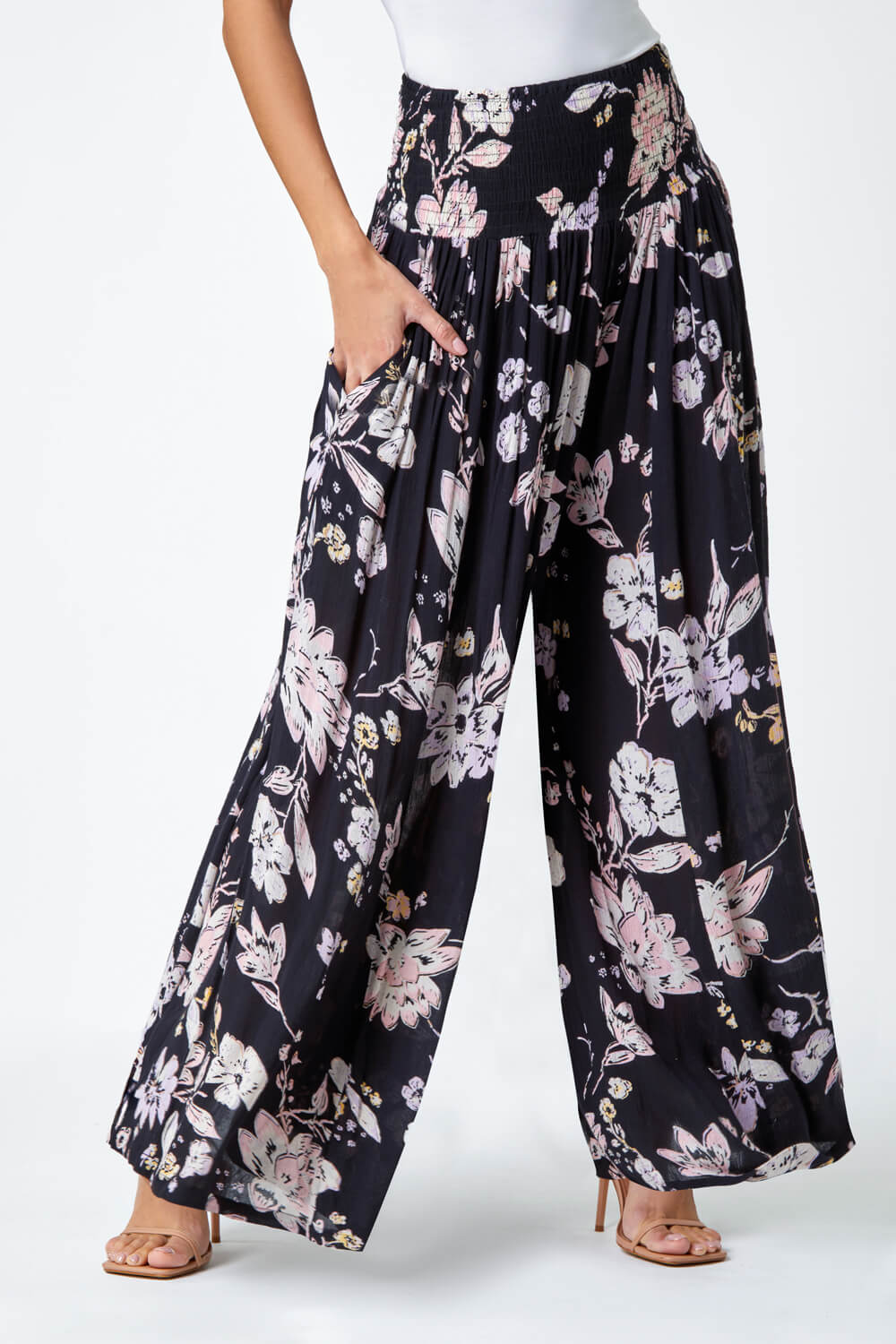 Black Floral Wide Leg Palazzo Trousers, Image 4 of 5