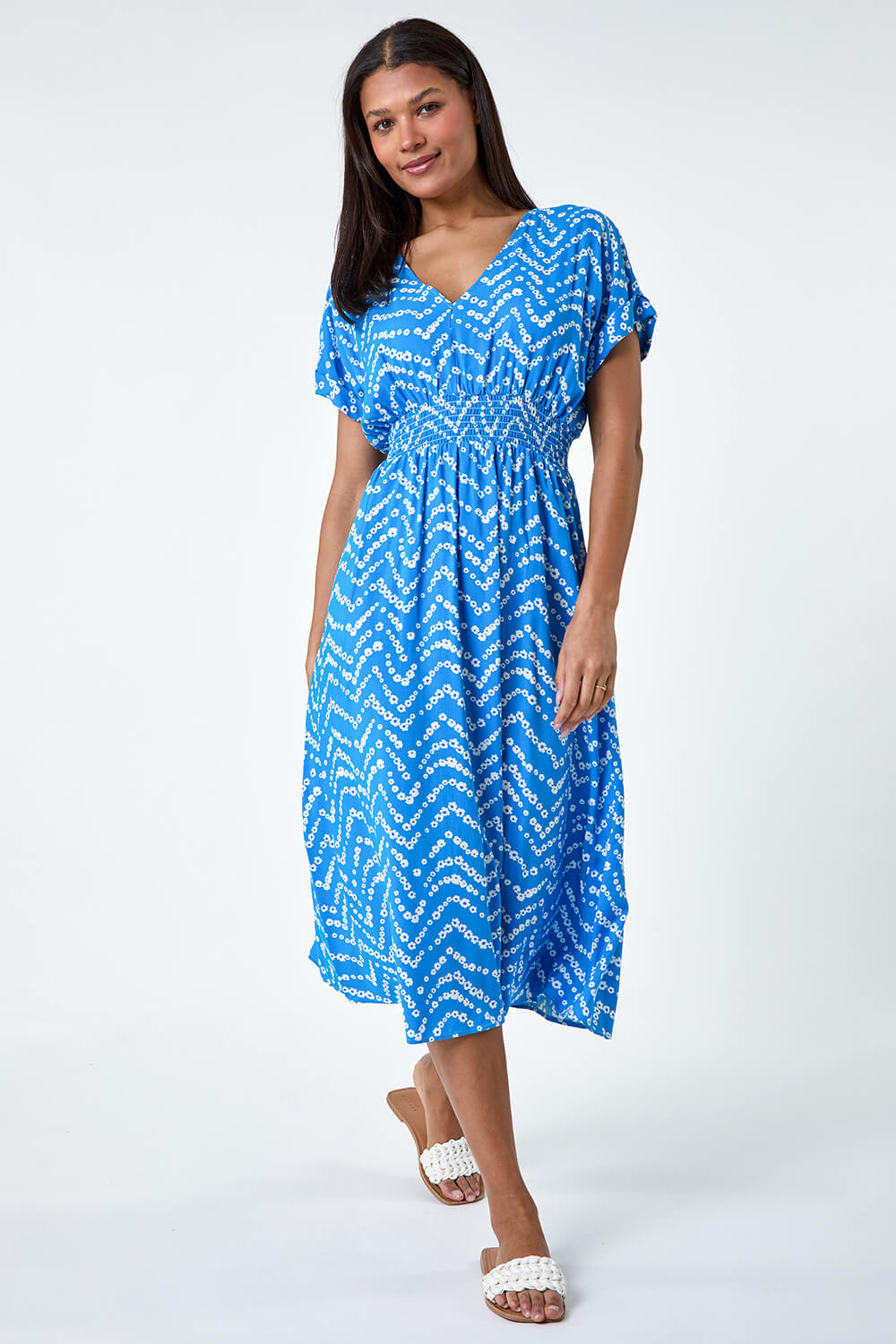 Blue Abstract Floral Zig Zag Print Midi Dress, Image 2 of 5