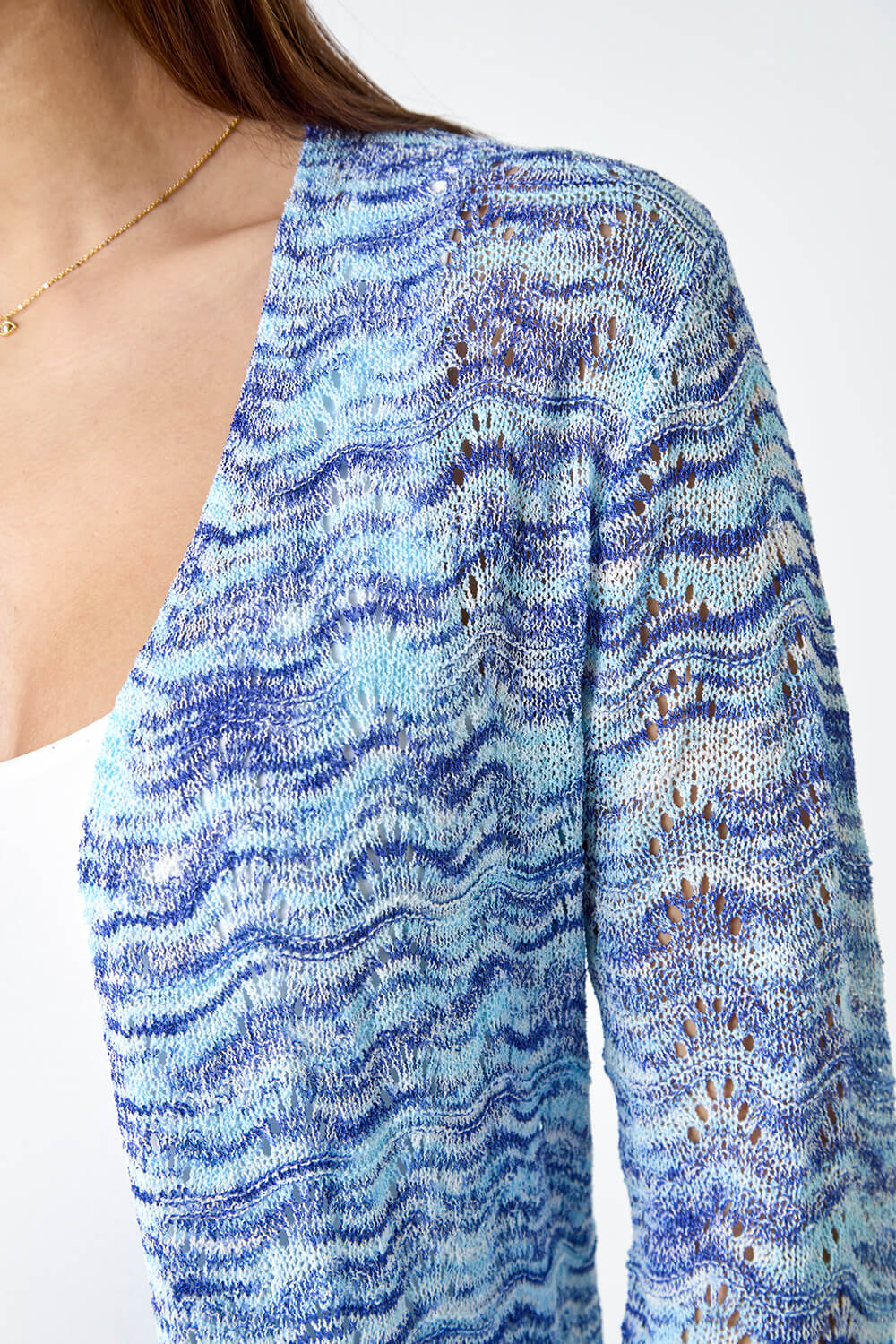 Blue Wave Print Pointelle Knit Cardigan, Image 5 of 5