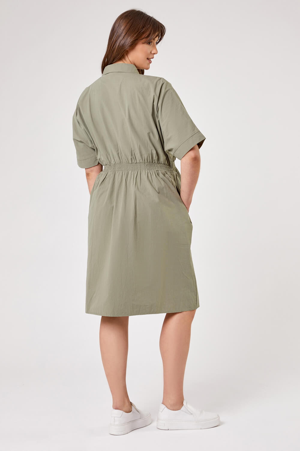 KHAKI Curve Shirred Waist Shirt Dress, Image 2 of 5