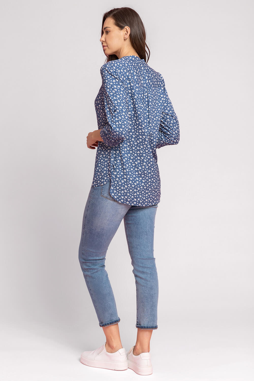 Blue Ditsy Floral Print Notch Neck Top, Image 2 of 5