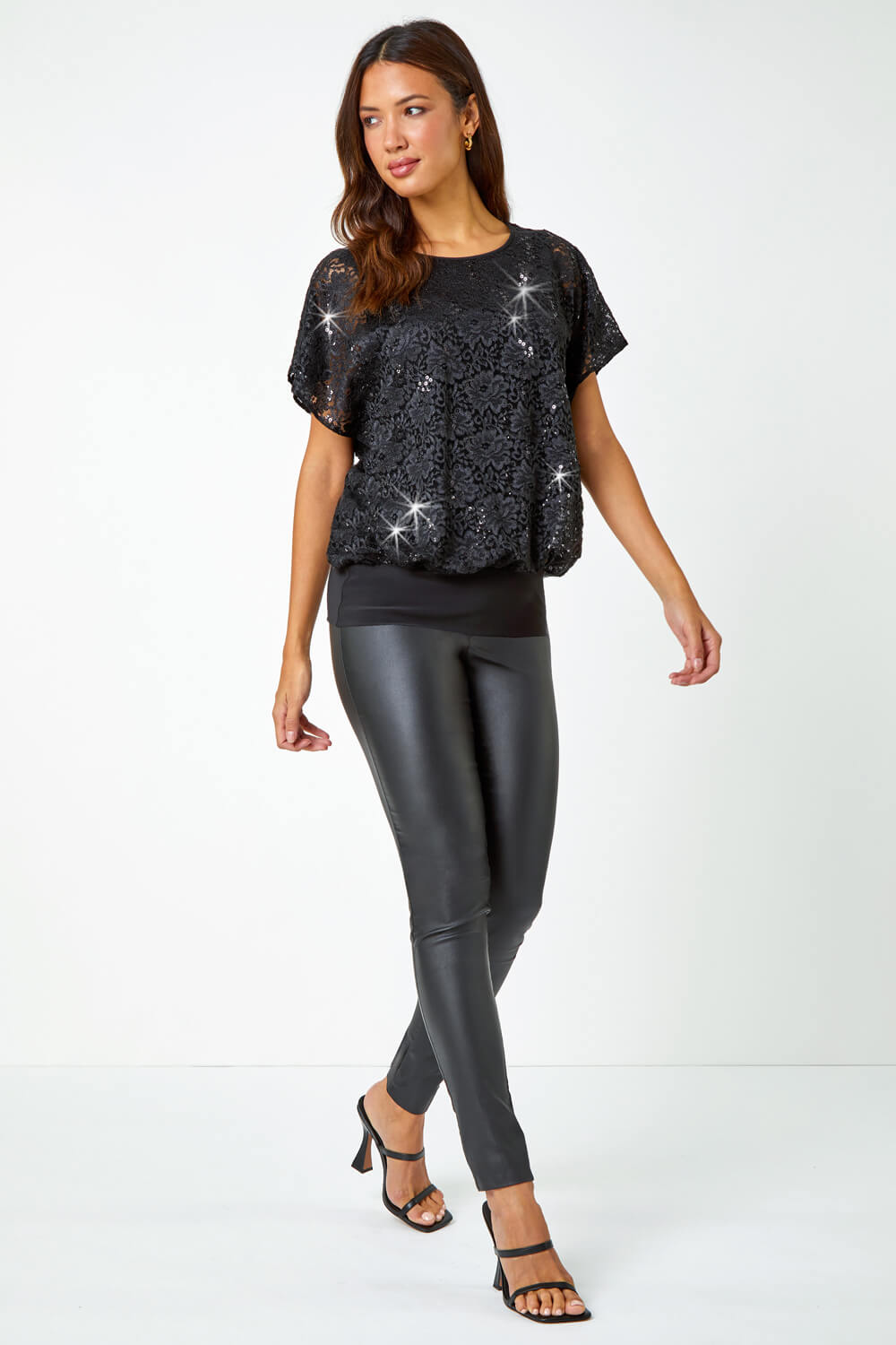 Black Sequin Lace Stretch Overlay Top | Roman UK