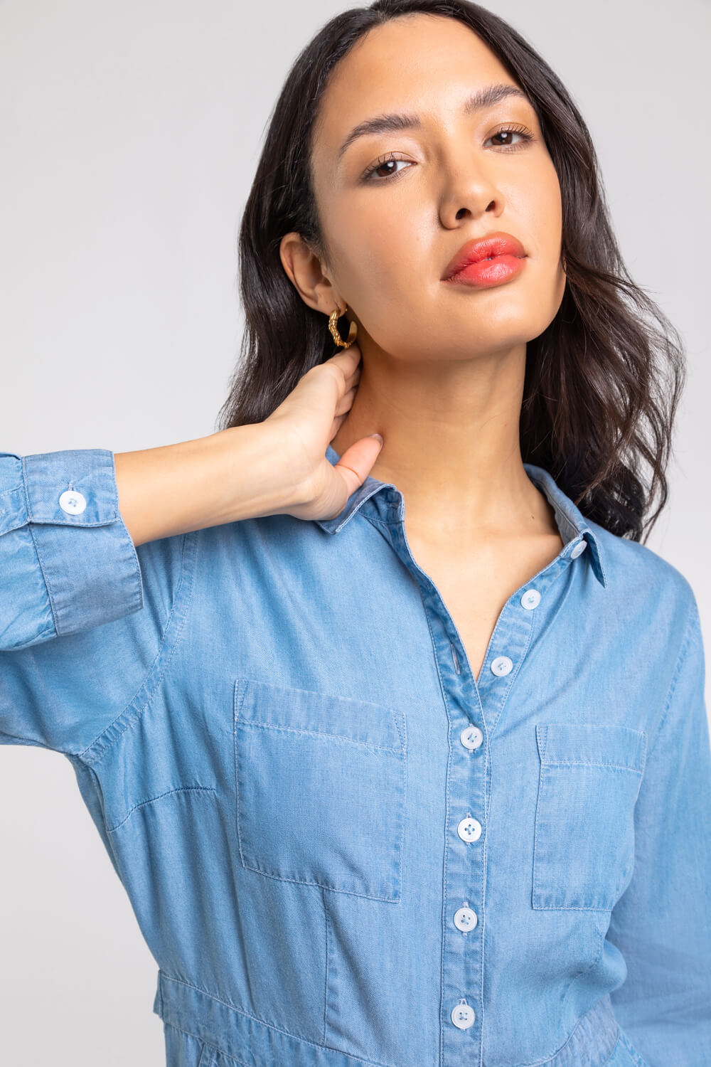 Denim Buttoned Collar Utility Jumpsuit, Image 4 of 5