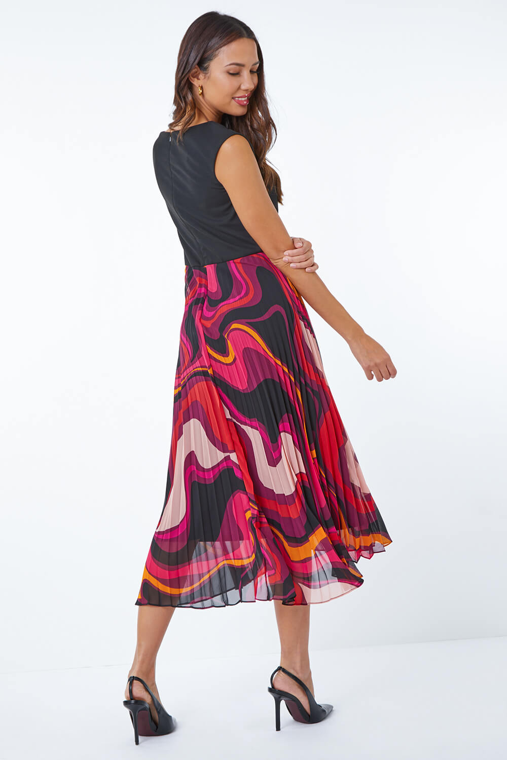 MAGENTA Swirl Print Pleated Midi Dress, Image 3 of 5