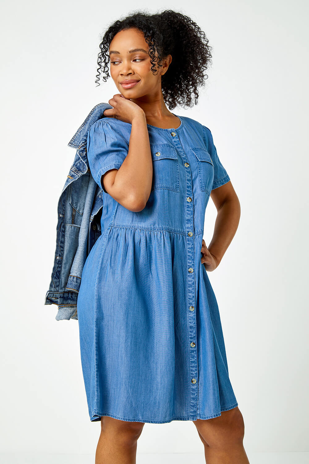 Blue Petite Pocket Detail Denim Dress, Image 2 of 5