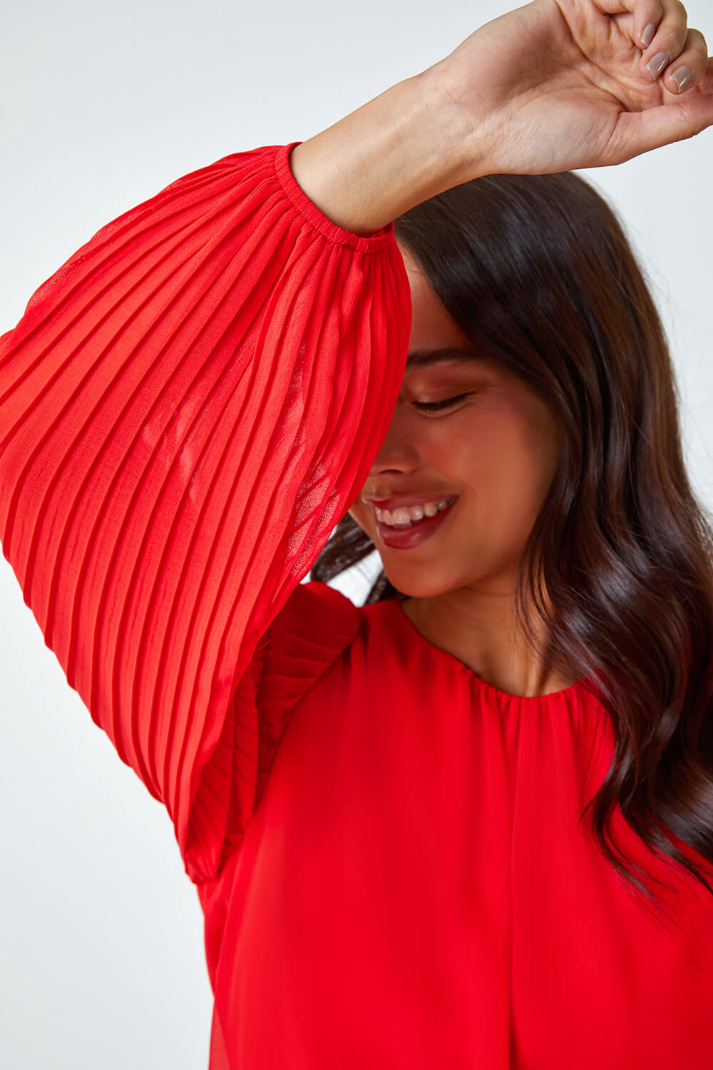 Red Petite Pleated Sleeve Gathered Top, Image 5 of 5