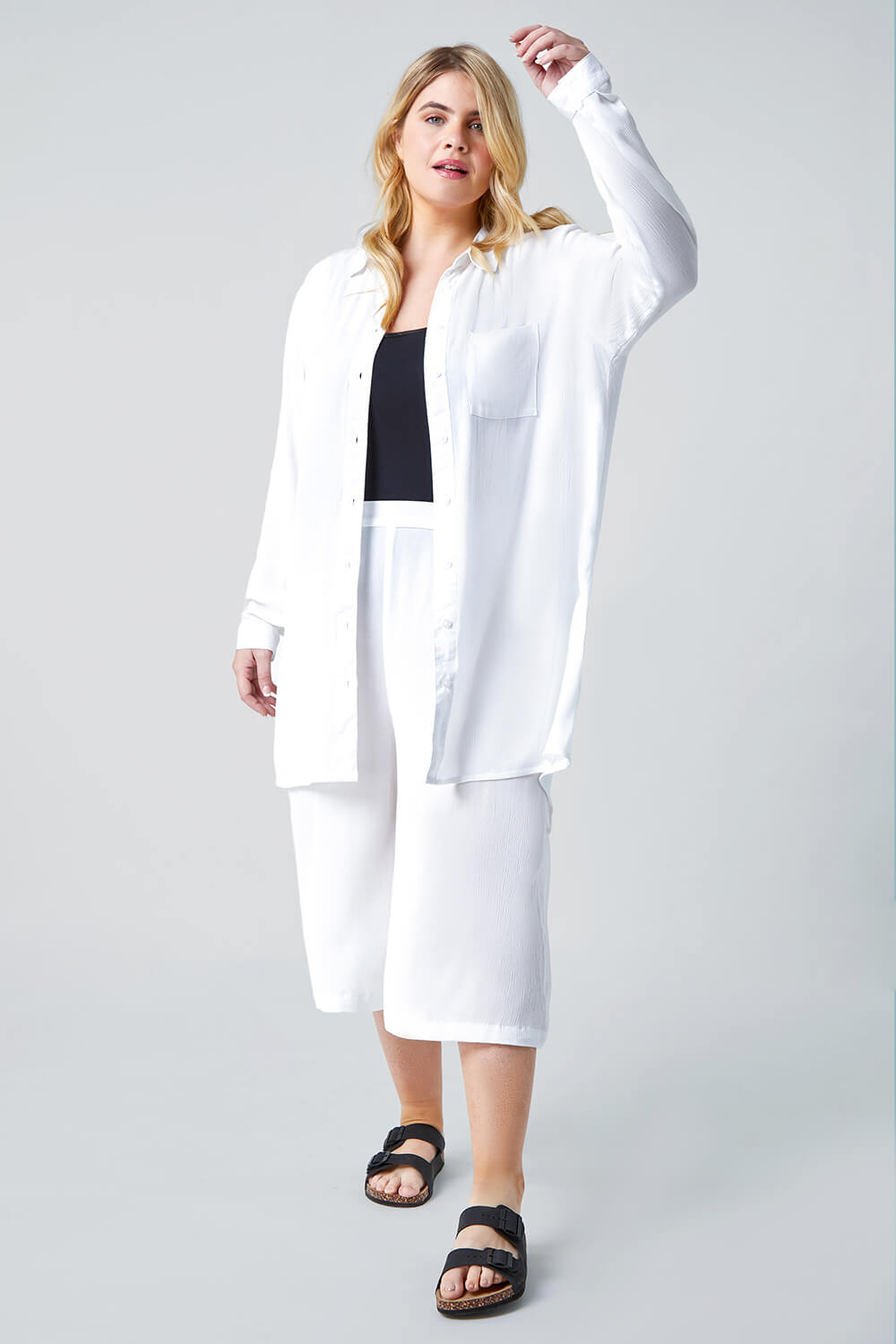 White Curve Crinkle Relaxed Longline Shirt, Image 2 of 6
