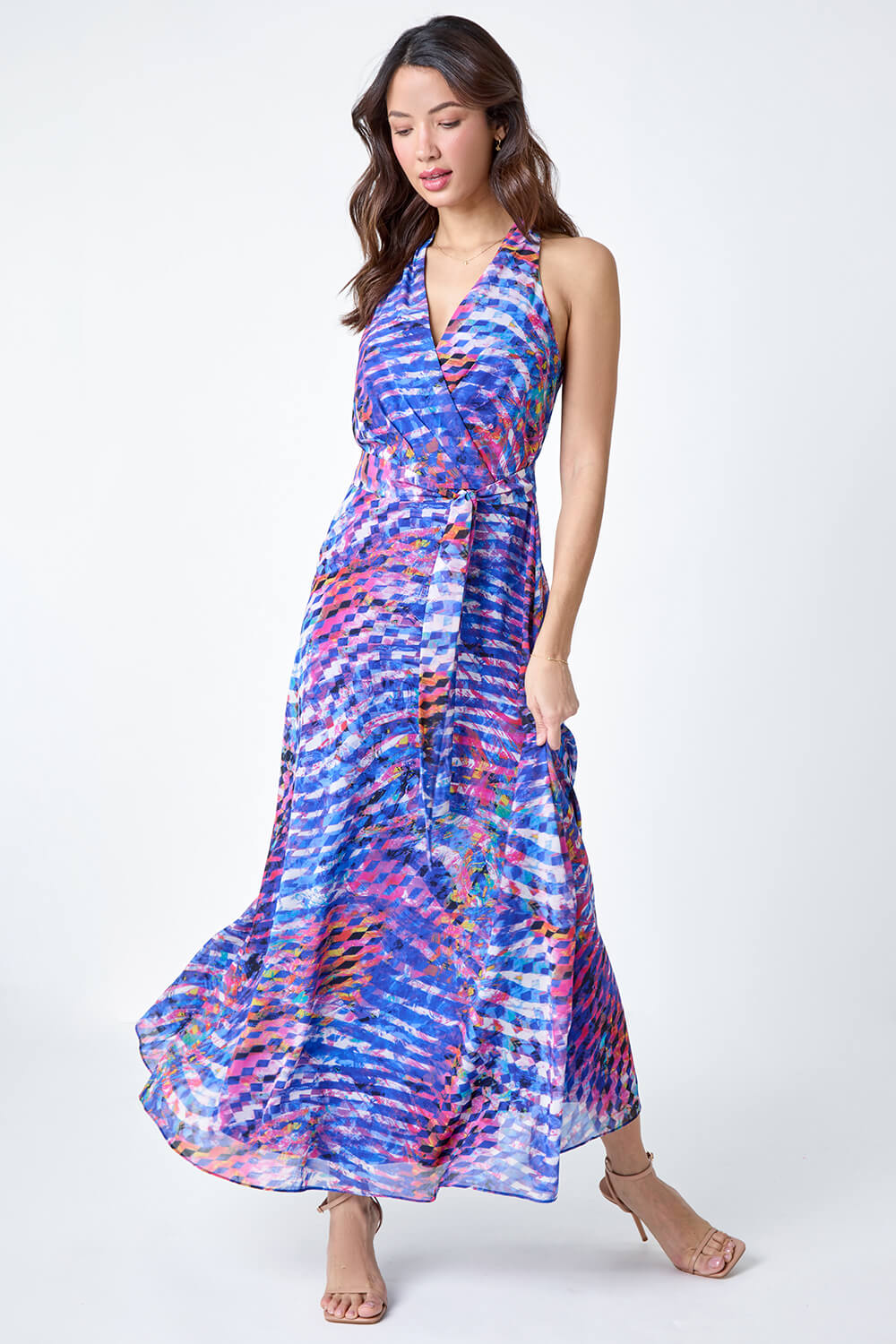 Blue Abstract Print Halterneck Maxi Dress, Image 2 of 5