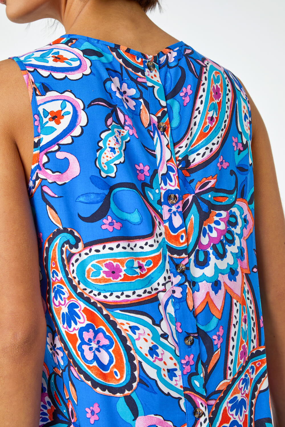 Blue Paisley Print Button Back Shell Top, Image 5 of 5