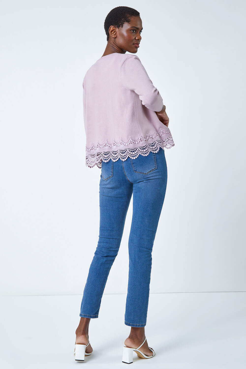 Rose Scalloped Lace Trim Knitted Shrug, Image 3 of 5