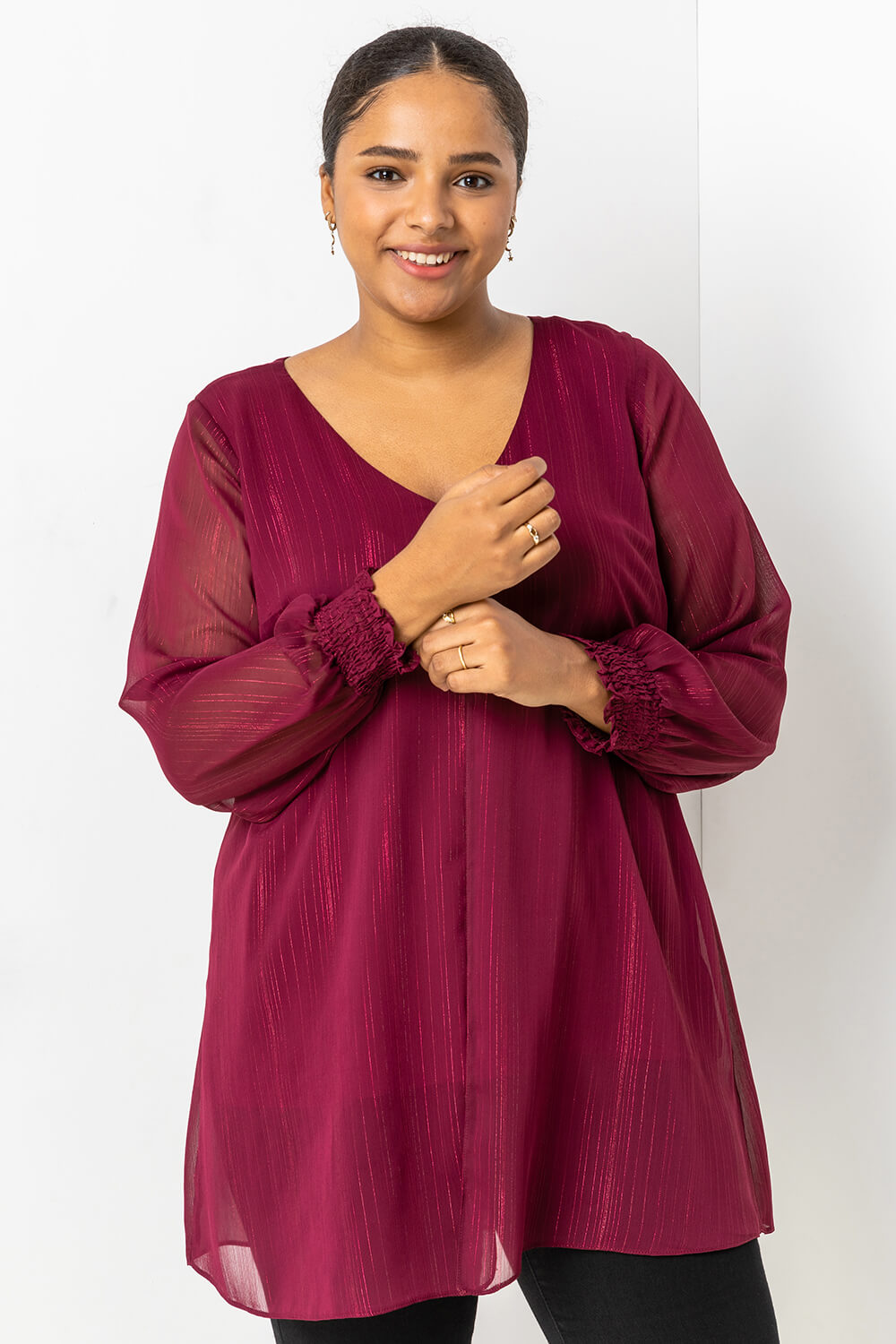 Wine Curve Chiffon Shimmer Split Front Top, Image 1 of 5