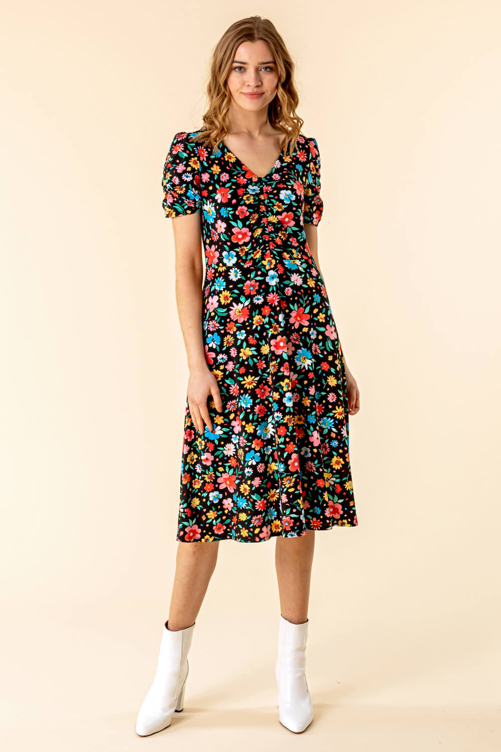 Multi  Floral Print Gathered Front Dress, Image 3 of 4
