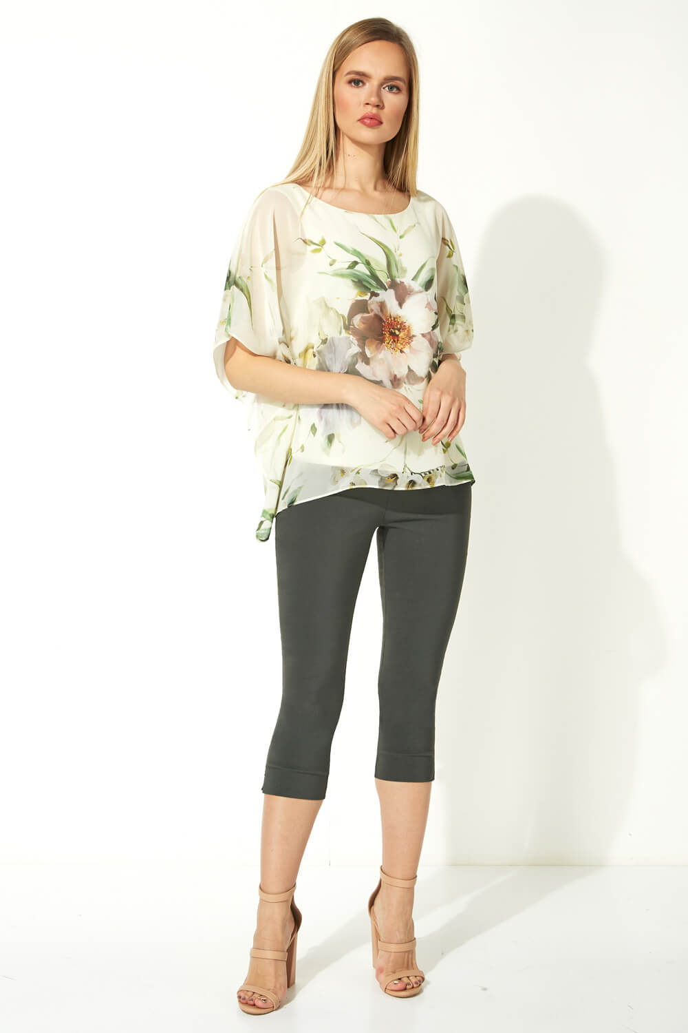 Cream  Floral Print Asymmetric Overlay Top, Image 2 of 5