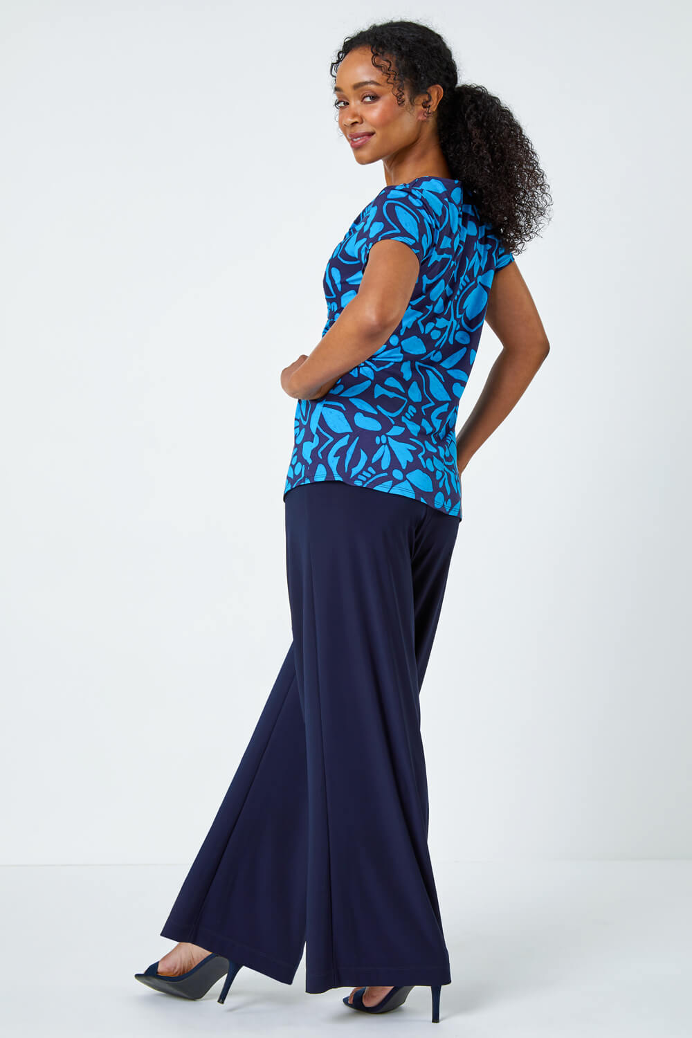 Navy  Petite Floral Twist Stretch Top, Image 3 of 5
