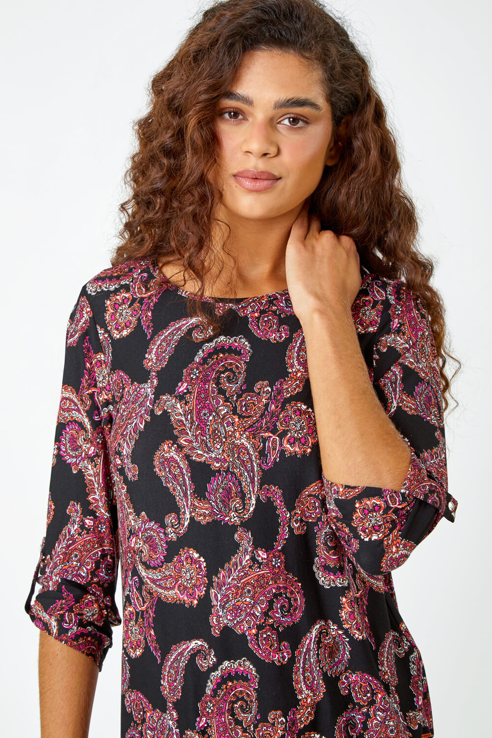 Red Paisley Border Print Tunic Stretch Top, Image 4 of 5