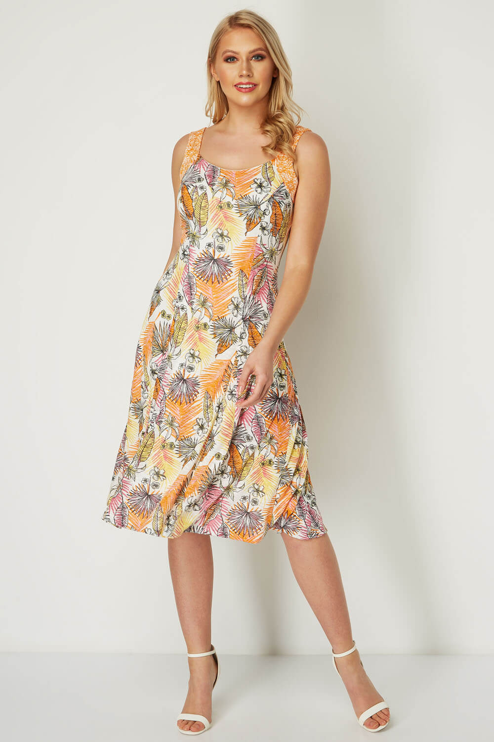 ORANGE Tropical Burnout Fit and Flare Dress, Image 2 of 5
