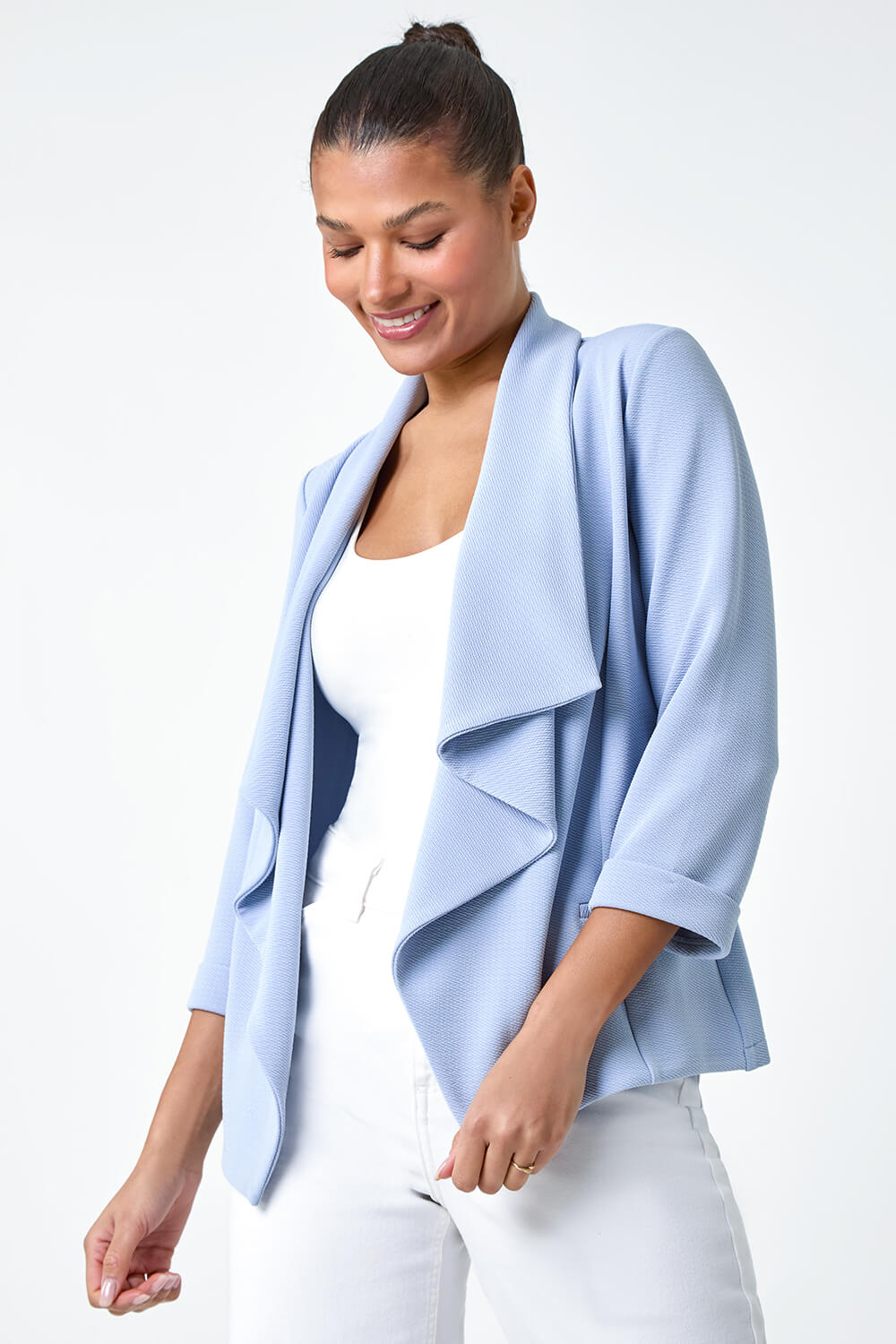 Light Blue  Textured Stretch Waterfall Front Jacket, Image 2 of 6