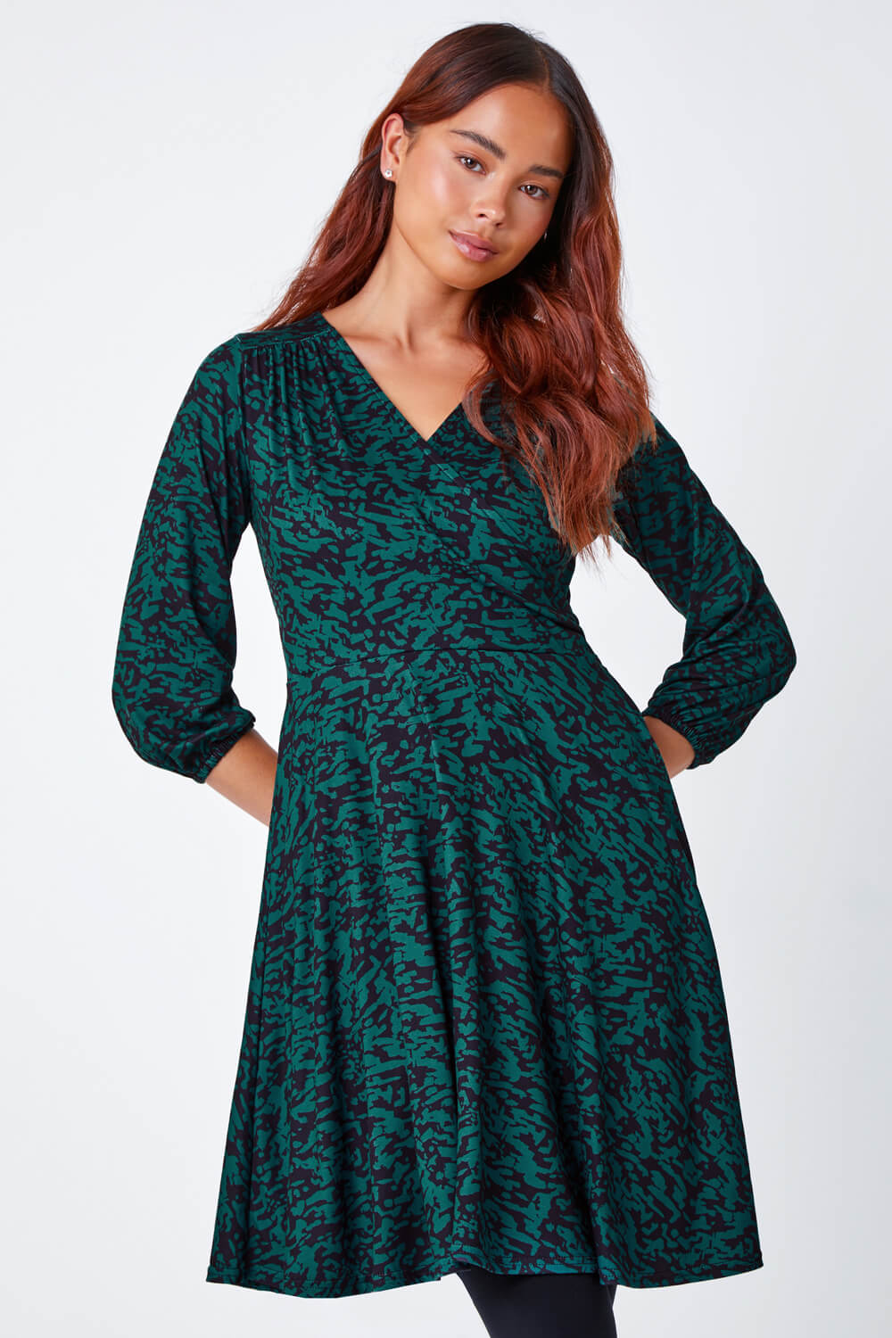 Green Petite Abstract Print Wrap Stretch Dress , Image 4 of 5