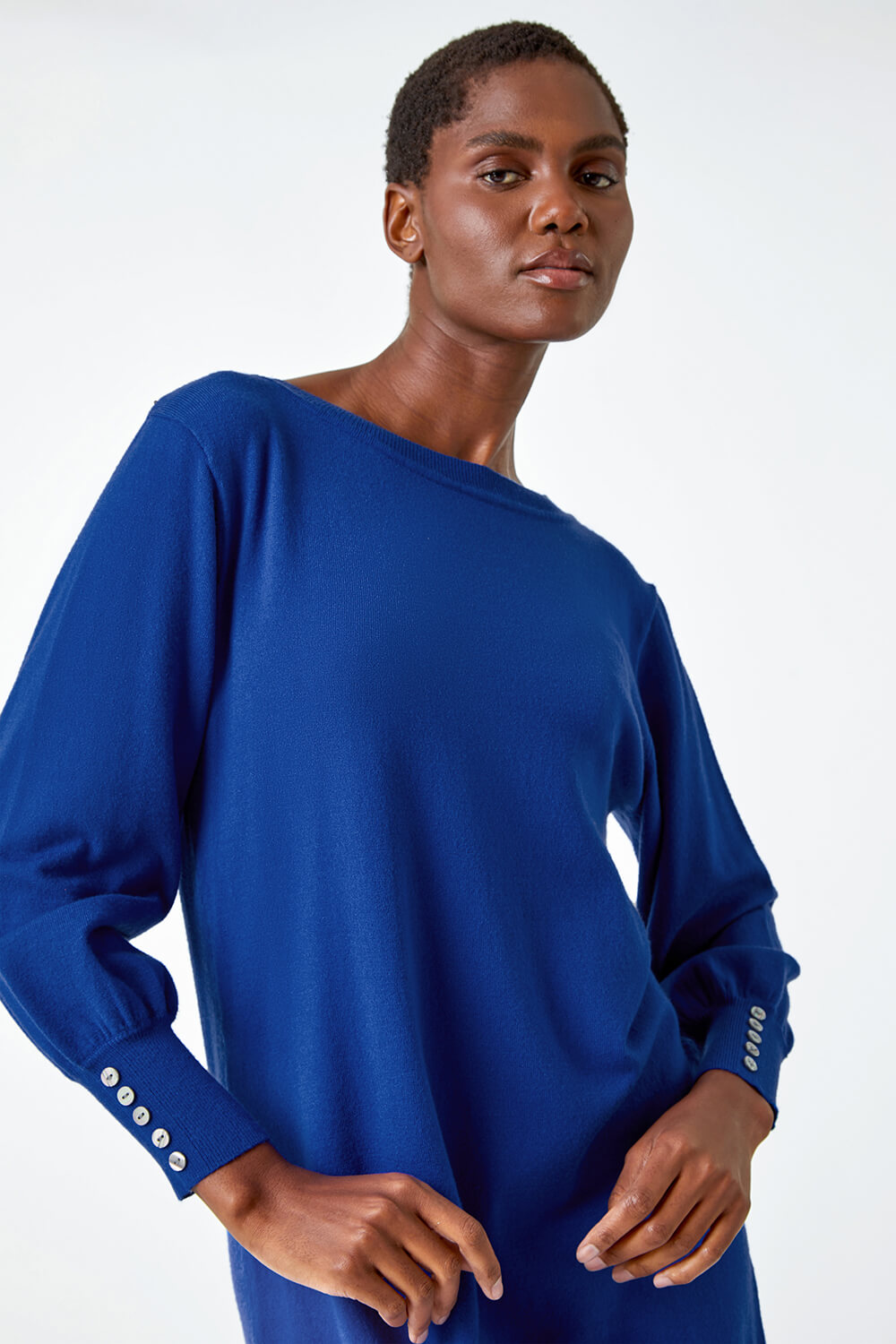 Royal Blue Button Detail Knitted Jumper Dress, Image 4 of 5
