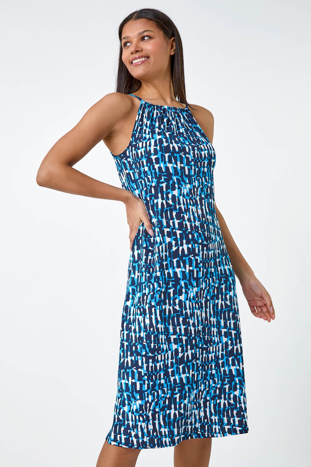 Blue Abstract Print Halter Neck Stretch Dress, Image 4 of 5
