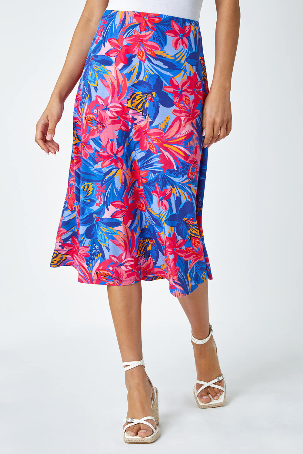 Blue Tropical Floral Stretch Panel Skirt, Image 4 of 5