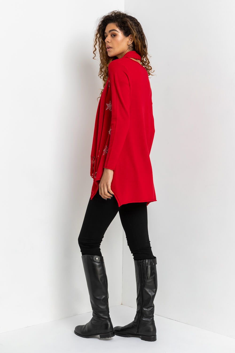 Red Star Print Knitted Tunic with Tassel Scarf, Image 2 of 4