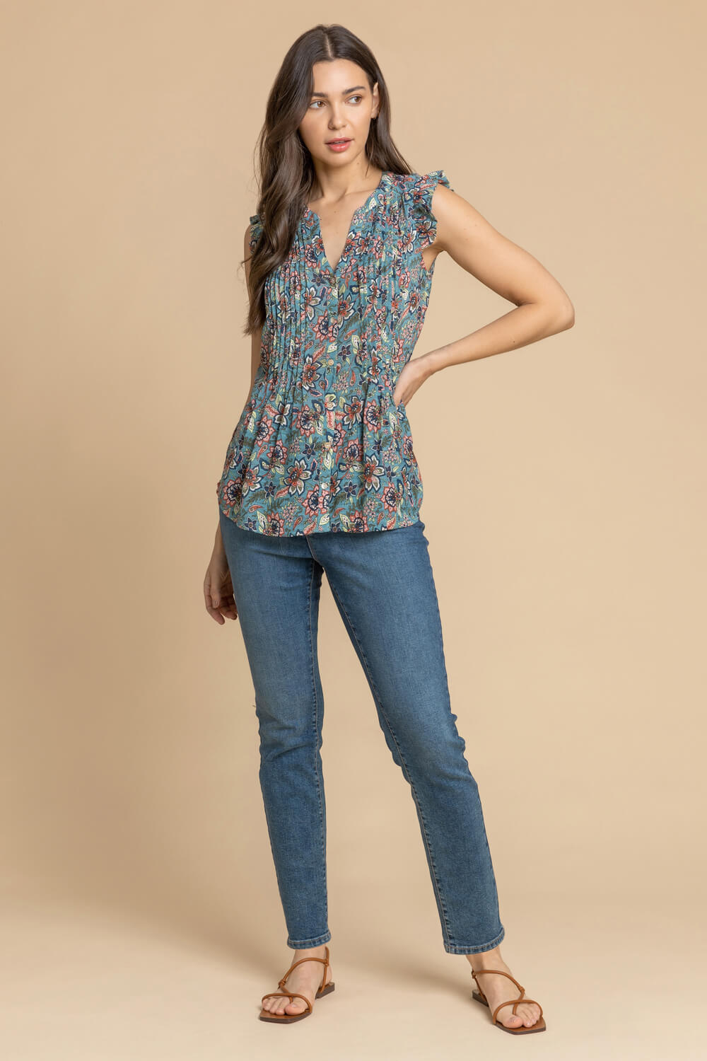 Teal Sleeveless Frill Detail Floral Blouse, Image 3 of 4