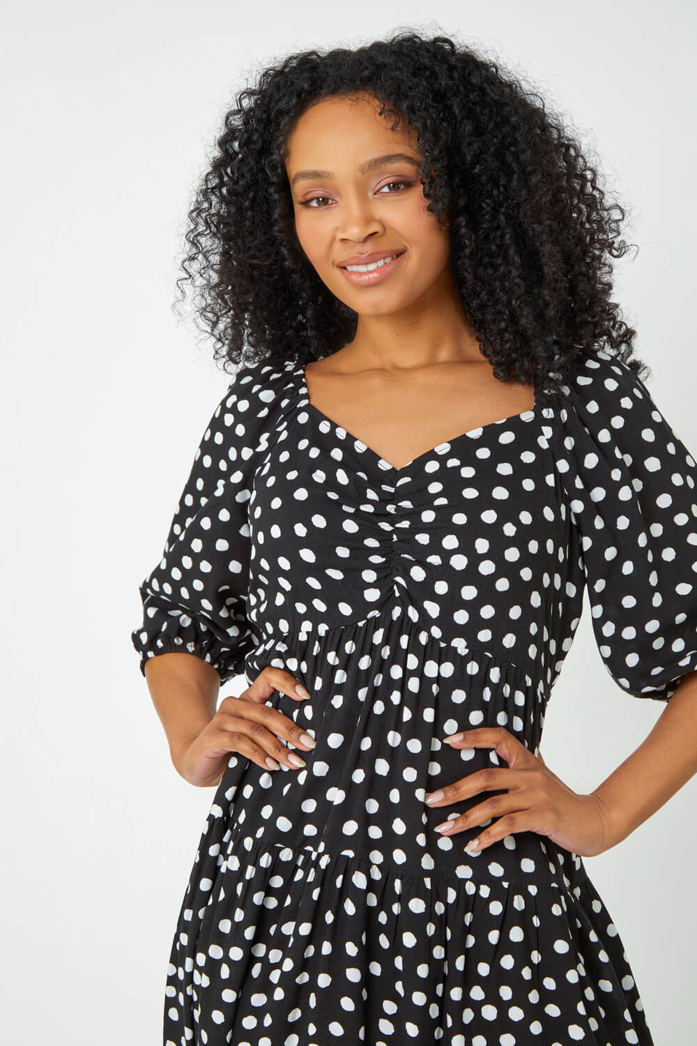 Black Petite Polka Dot Tiered Midi Dress, Image 4 of 5