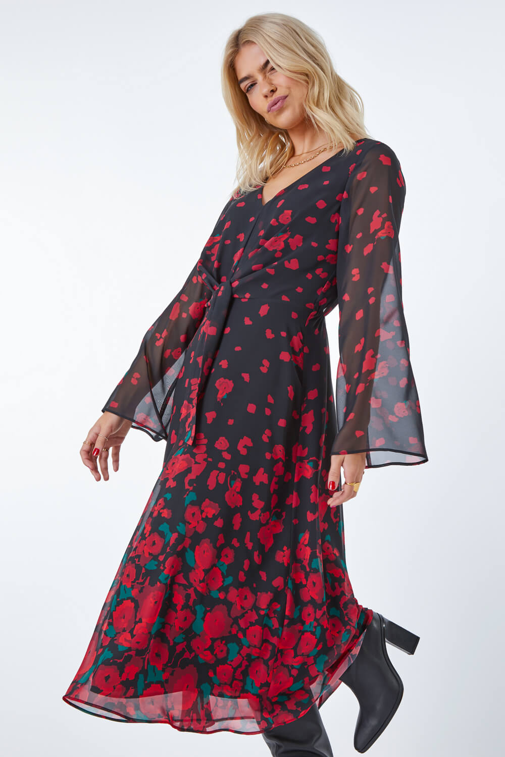 Red Rose Print Chiffon Midi Dress , Image 2 of 5