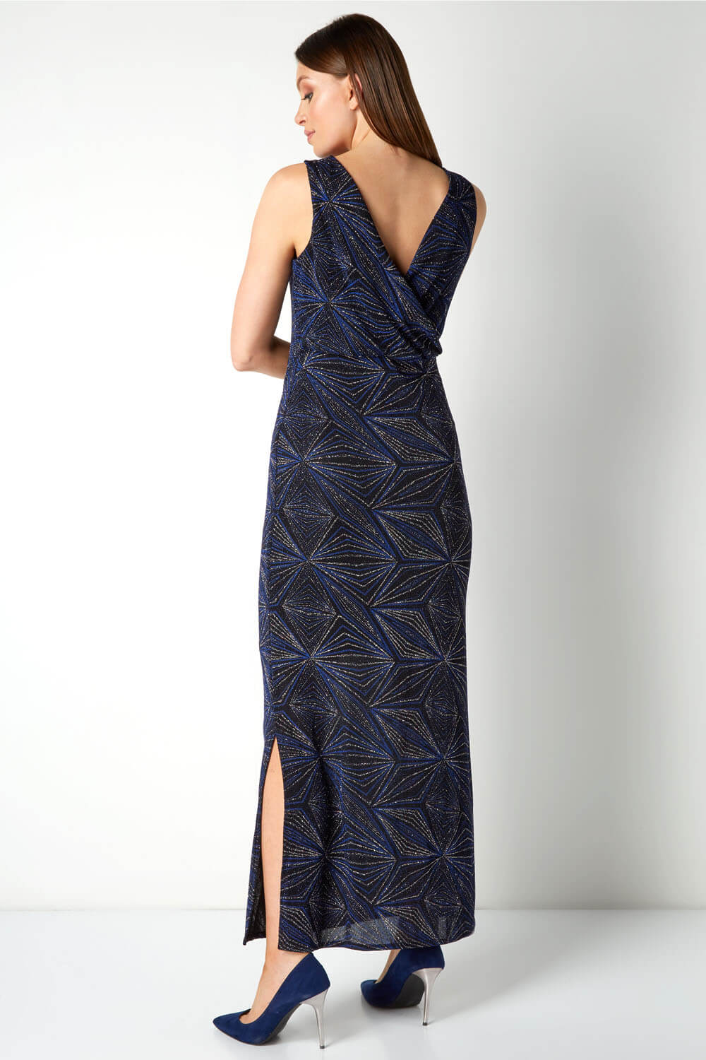 Blue Geometric Glitter Print Maxi Dress, Image 2 of 4