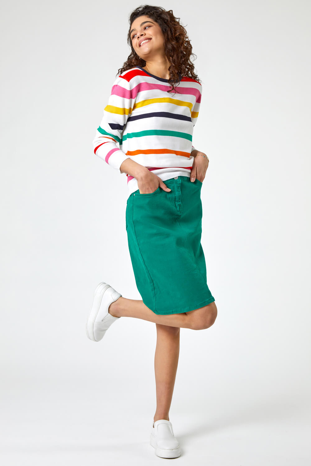 Green Cotton Denim Stretch Skirt, Image 3 of 5