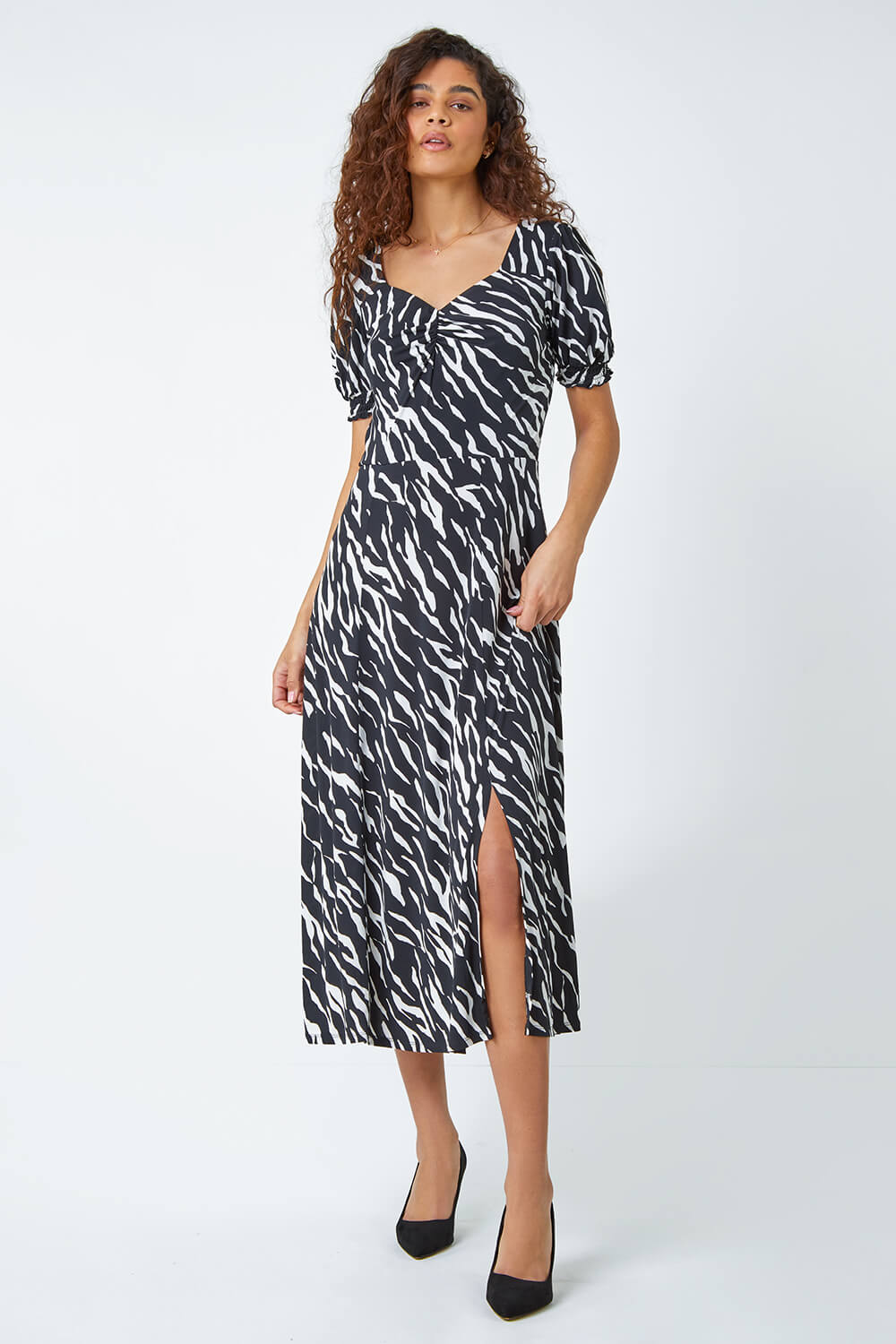 Zebra Print Stretch Ruched Midi Dress