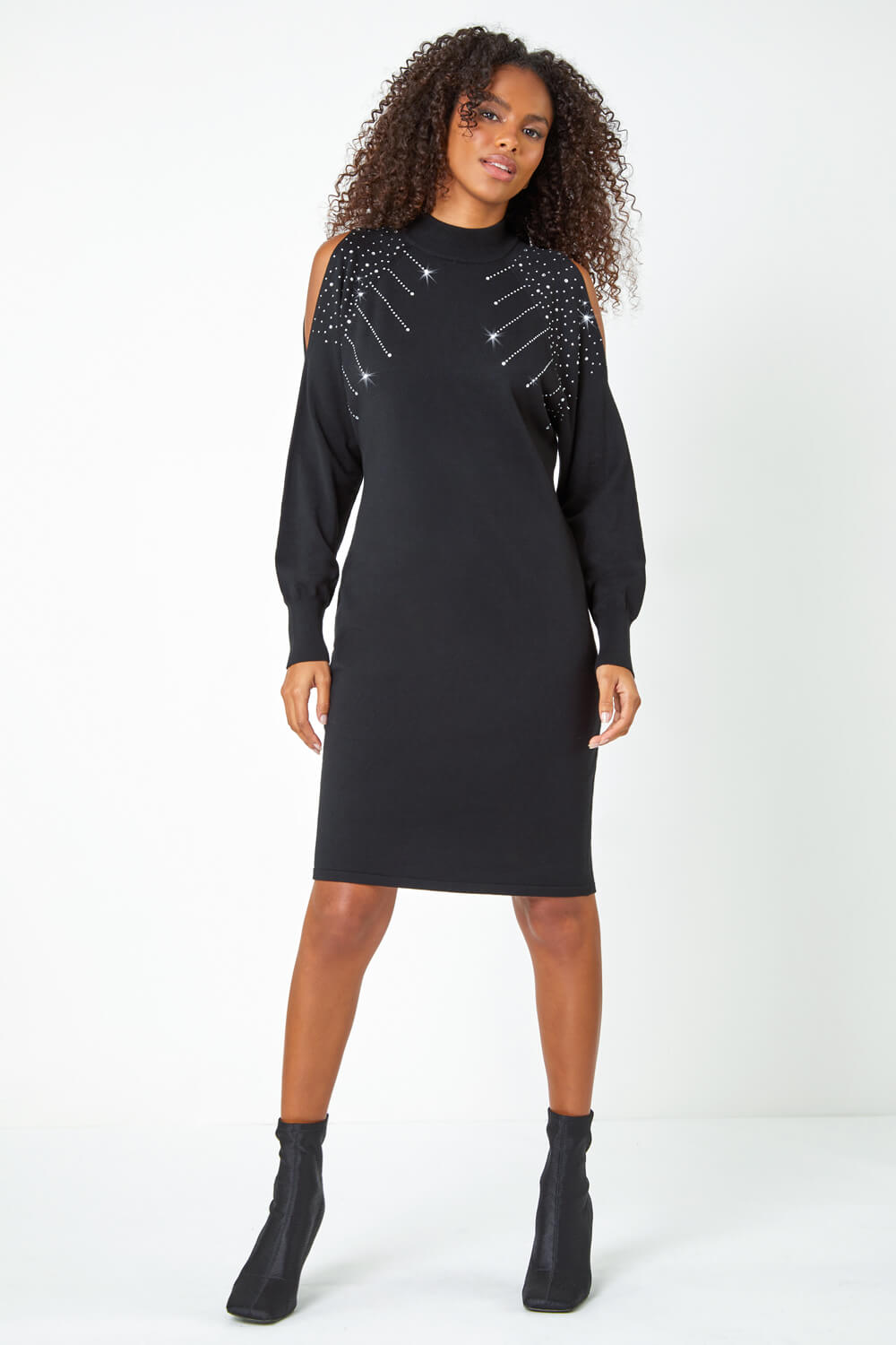 Black Embellished Split Sleeve Jumper Dress, Image 3 of 5