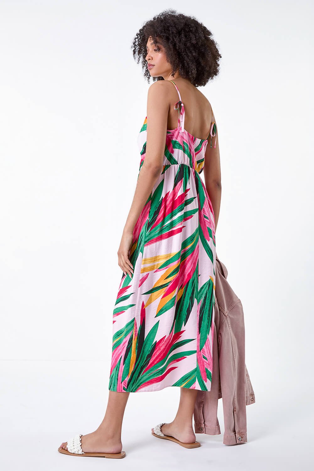 Light Pink Tropical Leaf Tie Detail Midi Dress, Image 3 of 5