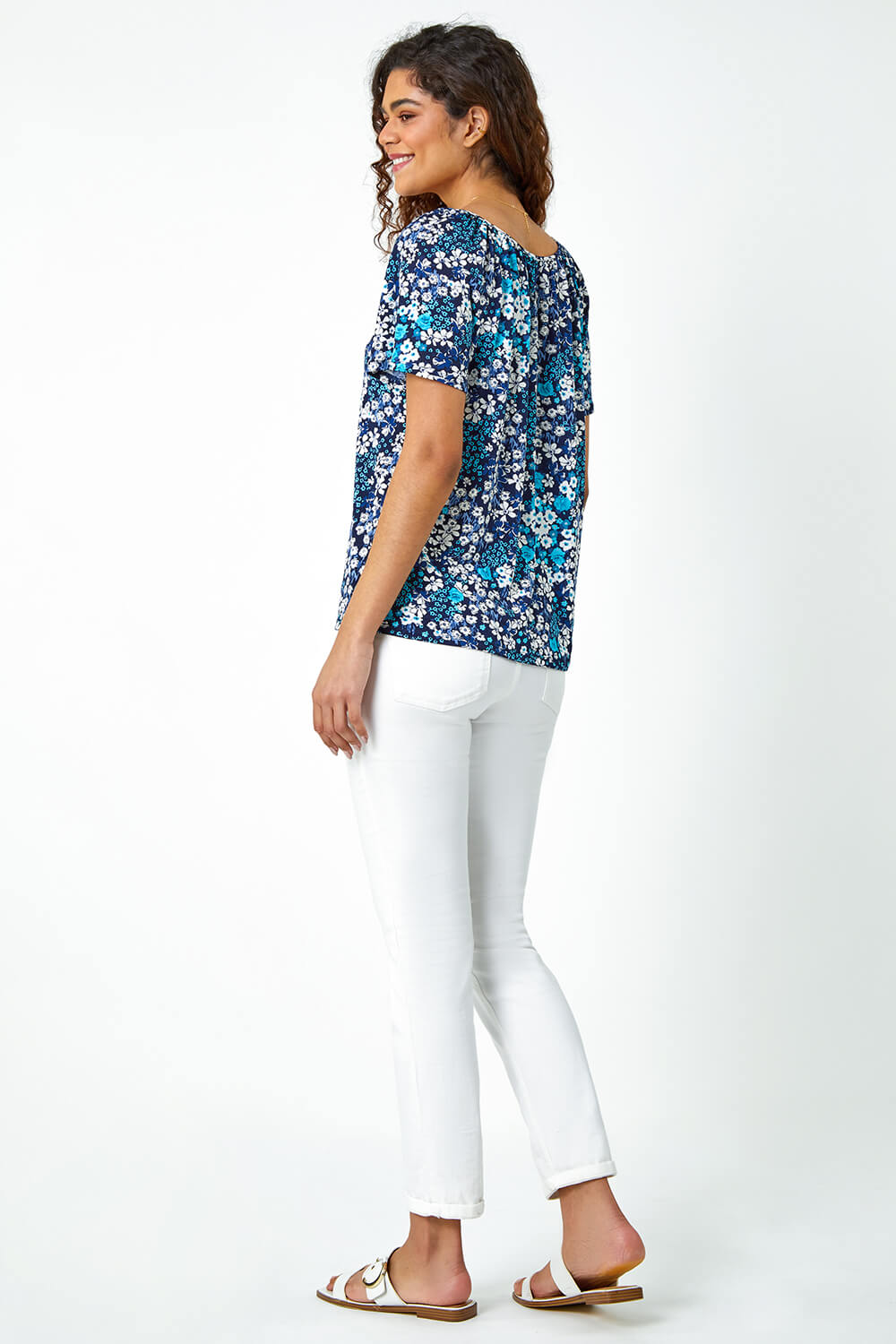 Blue Textured Floral Print Stretch T-Shirt, Image 3 of 5
