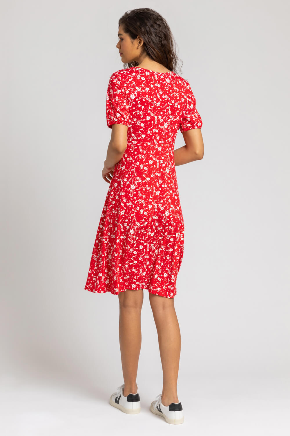 Red Stretch Floral Print Fit & Flare Dress, Image 2 of 5