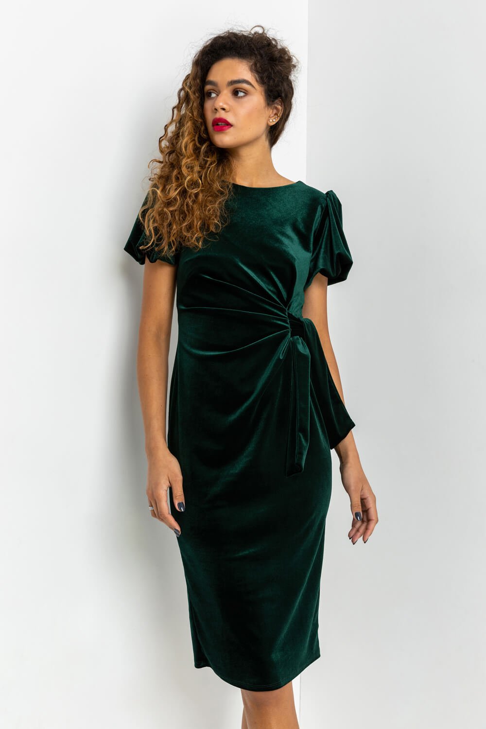 Velvet Bubble Sleeve Midi Dress in Green - Roman Originals UK