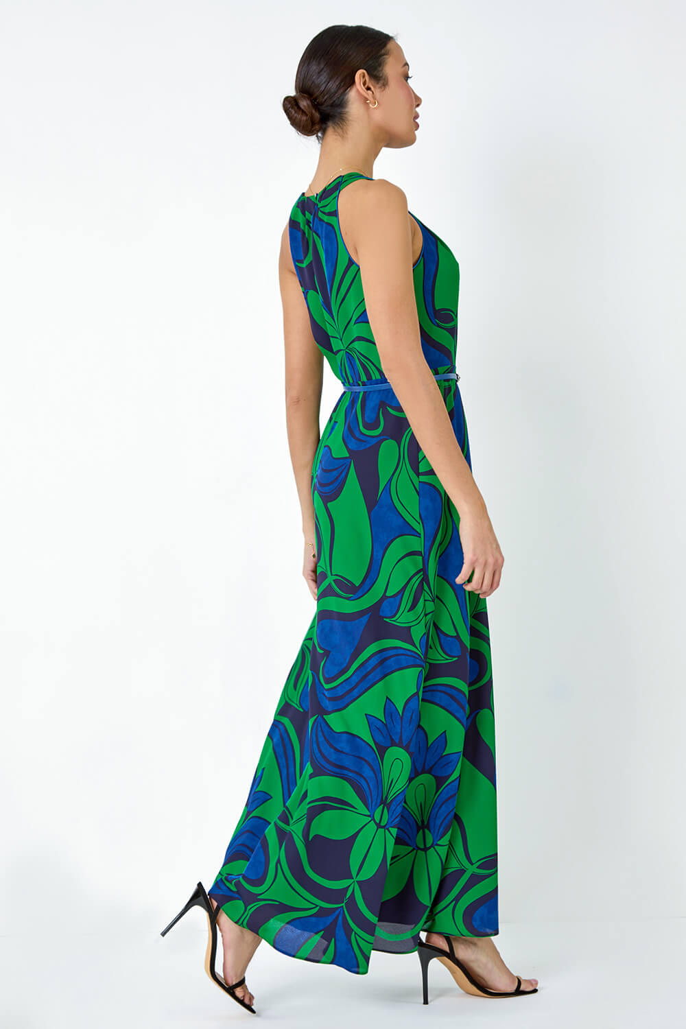 Green Abstract Print Halter Neck Maxi Dress, Image 3 of 5