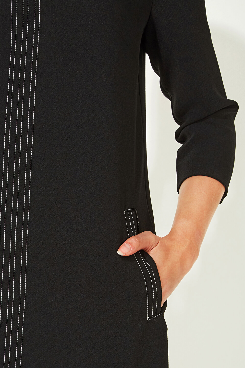 Black 3/4 Sleeve Top Stitch Shift Dress, Image 4 of 5