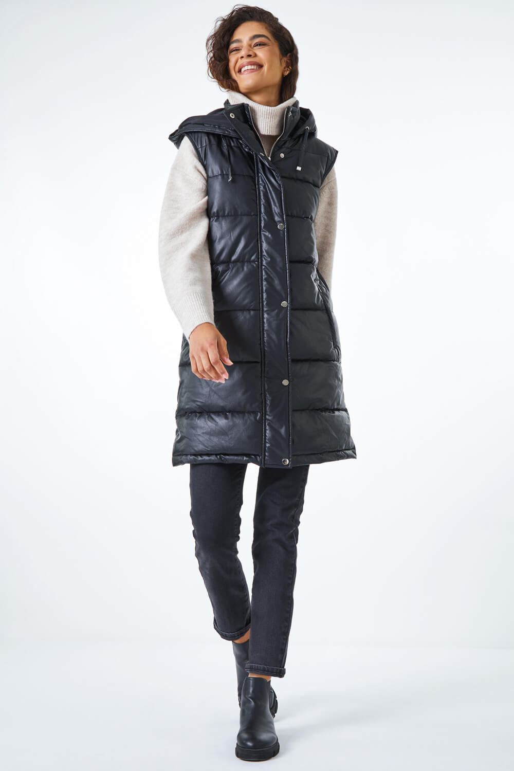 Black Faux Leather Longline Quilted Gilet, Image 2 of 6